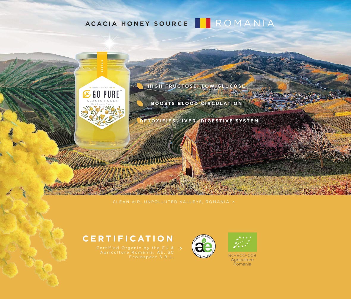 acaia honey source from romania, high fructose, low flucose, boosts blood circulation, detoxifies liver, digestive system. clean air, unpolluted valleys, romania. certification organic by the eu & agriculture romania, ae, sc, ecoinspect s.r.l. 